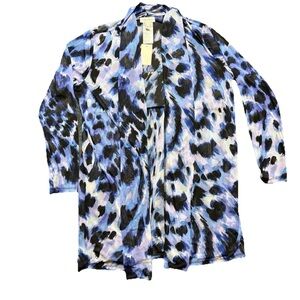 NWT QVC Susan Graver Blue/ Purple Leopard Print Mesh Cardigan Womens Size Medium